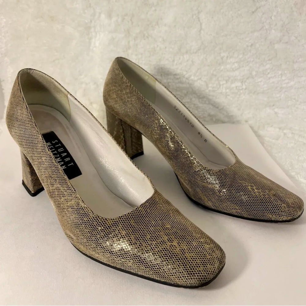 Stuart Weitzman-90s/Y2K Vintage, Gold, Leather, Snakeskin, Block, Heel. Sz-8.5B